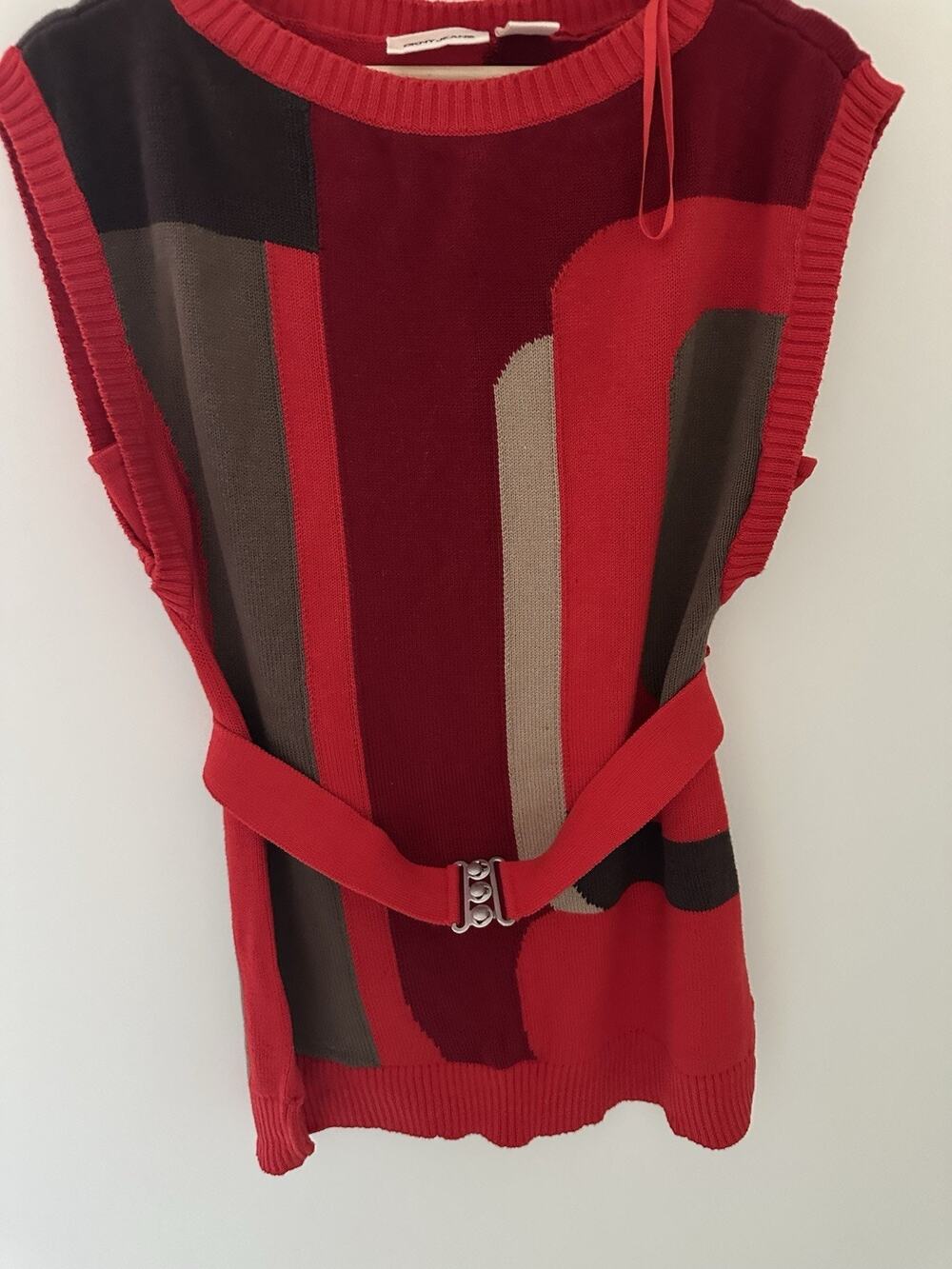DKNY Jeans Y2K 2000s Red Multicolor Knit Sweater Top M Belted Abstract